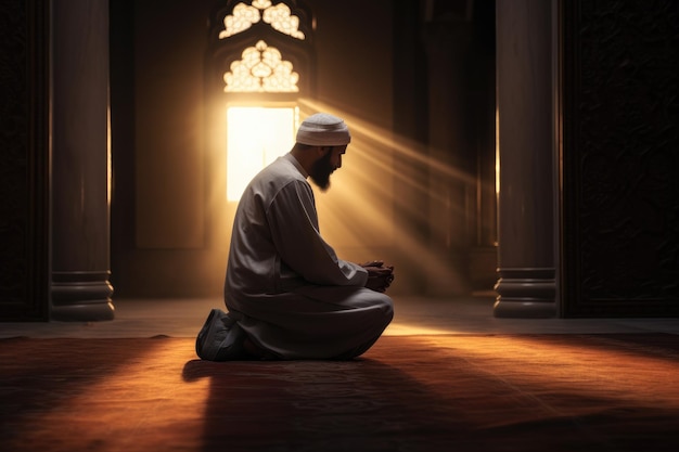 Un homme est assis sur le sol devant une porte un homme musulman priant généré par l'IA