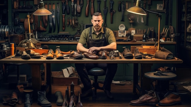 un homme est assis à une table avec beaucoup de chaussures dessus