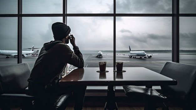 Un homme est assis à une table dans un aéroport en regardant par la fenêtre