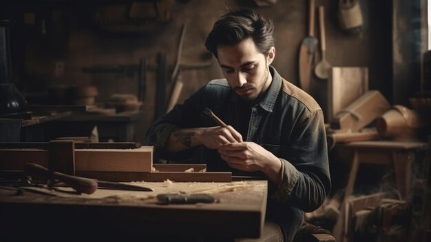 Un homme est assis à une table dans un atelier, travaillant sur un morceau de bois.