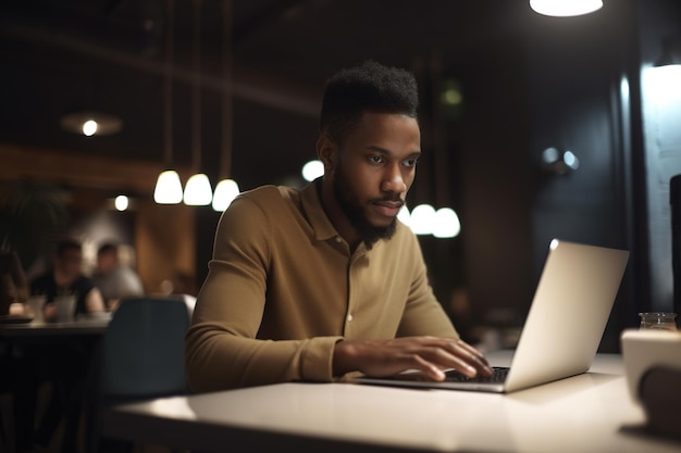 Un homme est assis à une table dans un café et utilise un ordinateur portable.