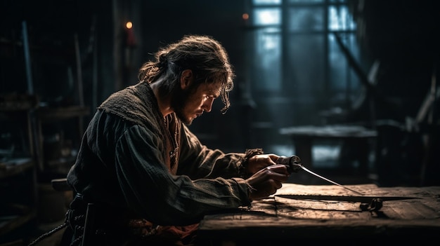 Un homme est assis à une table dans une pièce sombre, une épée à la main.