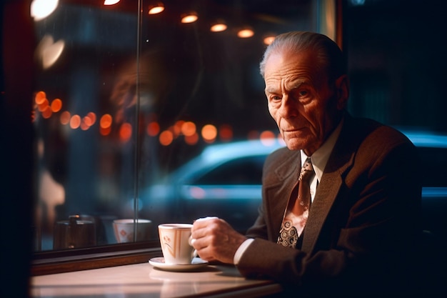 Un homme est assis à une table dans un restaurant avec une tasse de café devant lui.