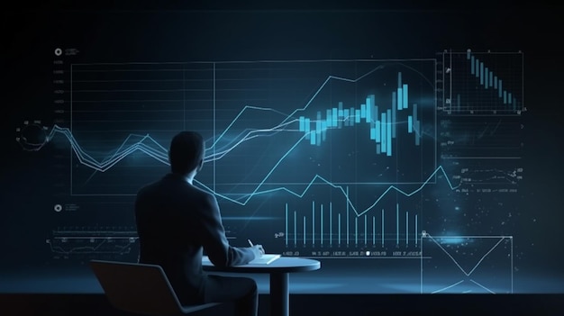 Un homme est assis à une table devant un graphique qui dit "financier"