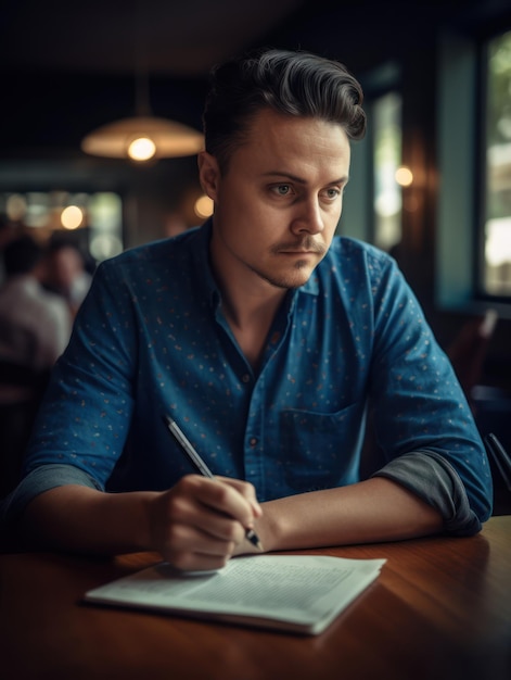 Un homme est assis à une table et écrit dans un papier.
