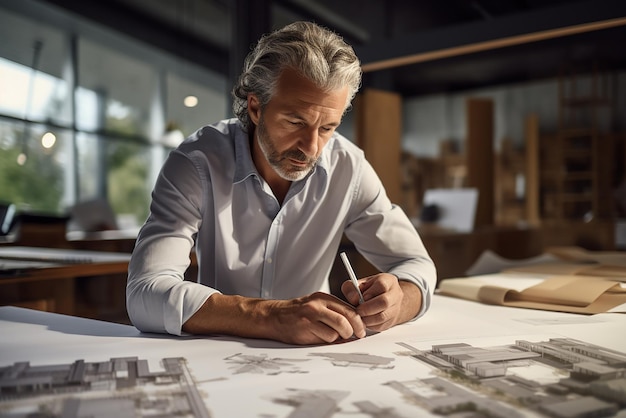 Photo un homme est assis à une table avec un graphique dessus