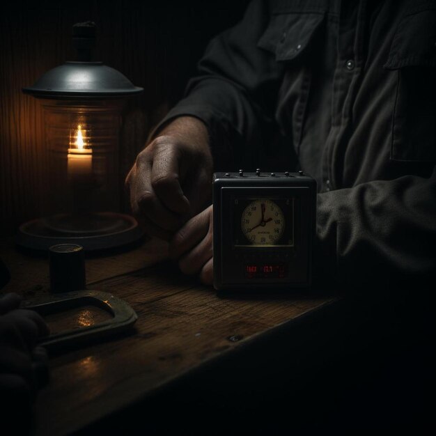 un homme est assis à une table avec une horloge qui dit 11 15