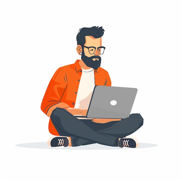 un homme est assis à une table avec une illustration d'ordinateur portable