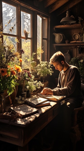 un homme est assis à une table avec un livre intitulé l'artiste