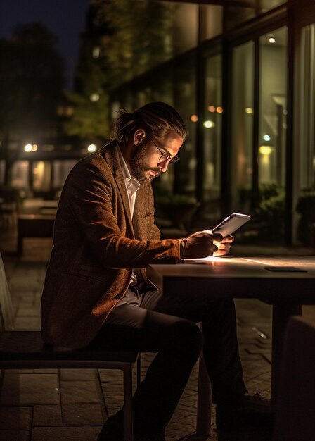 Un homme est assis à une table la nuit avec une tablette à la main.