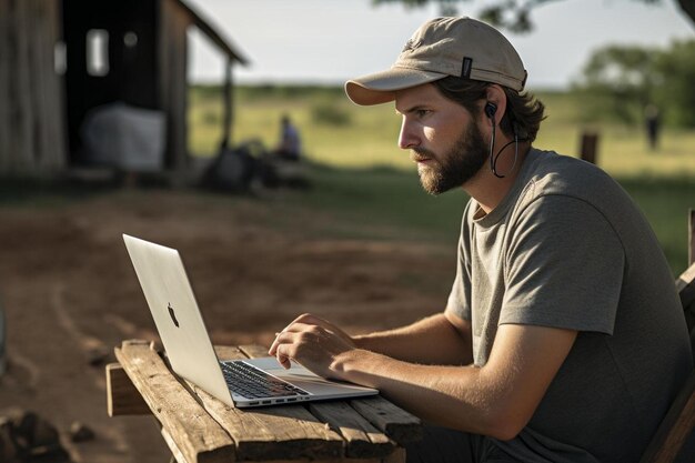 Photo un homme est assis à une table avec un ordinateur portable et un chapeau sur la tête.