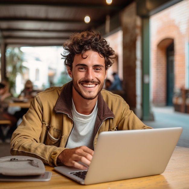 Un homme est assis à une table avec un ordinateur portable devant lui.