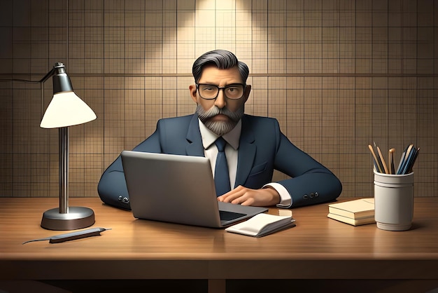 un homme est assis à une table avec un ordinateur portable et une lampe qui dit le mot dessus illustration 3D