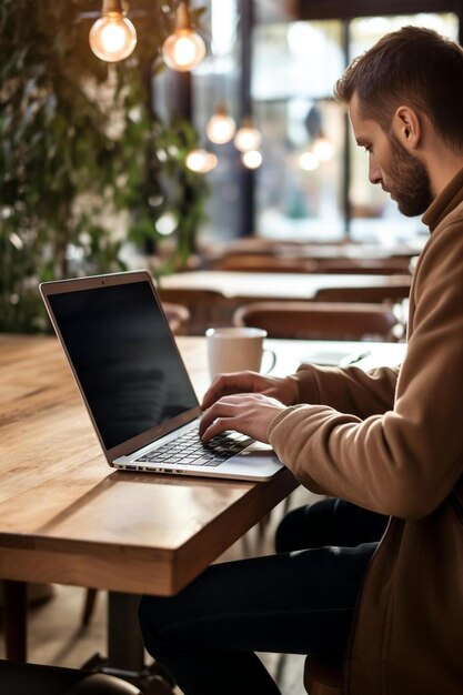 Photo un homme est assis à une table avec un ordinateur portable et une tasse de café en arrière-plan