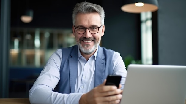 Un homme est assis à une table avec un ordinateur portable et un téléphone à la main.