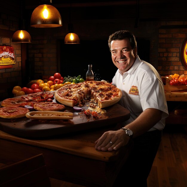 un homme est assis à une table avec une pizza dessus