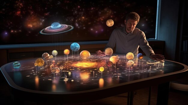 Un homme est assis à une table avec des planètes et des étoiles dessus.