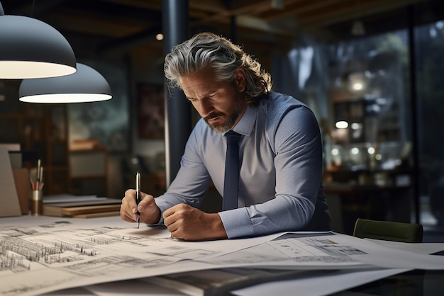 un homme est assis à une table avec un stylo et du papier avec le mot s dessus