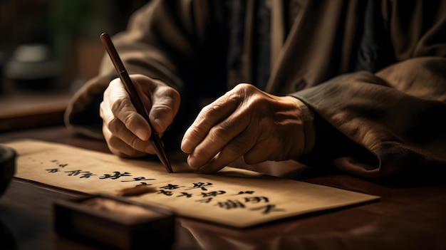 Un homme est assis à une table en train d'écrire sur une feuille de papier avec le mot "han" écrit dessus
