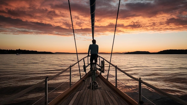 Photo un homme est sur un bateau dans l'eau et regarde le coucher de soleil généré par