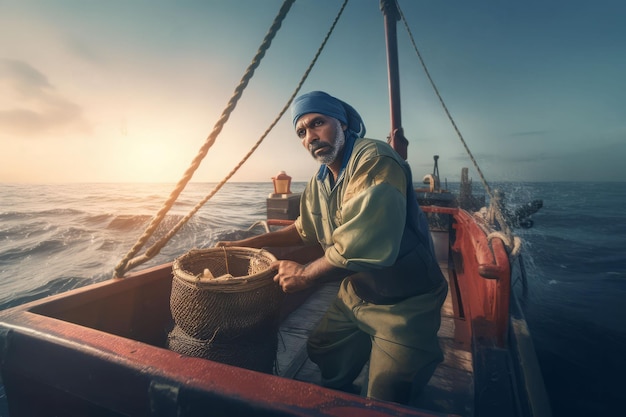 Photo l'homme est un bateau de fruits de mer, une grande mer de nourriture génère ai.
