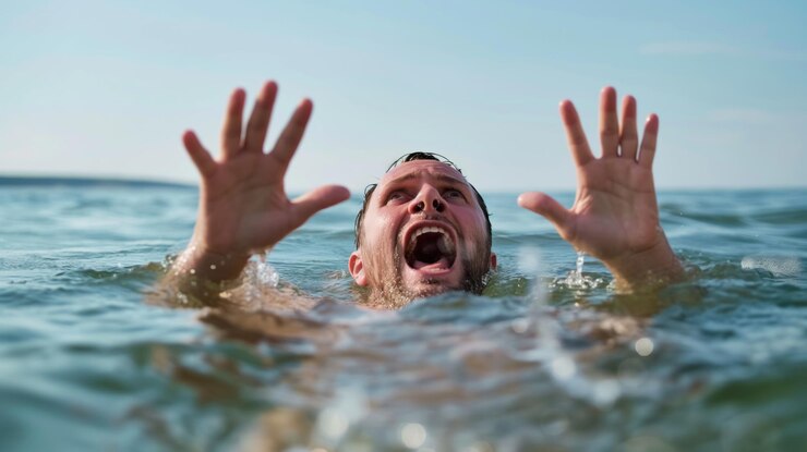 Un homme est à bout de souffle alors qu'il agite ses bras en essayant désespérément de rester au-dessus de l'eau dans un lac bleu clair sous un ciel brillant