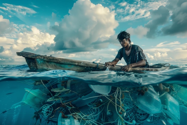 Un homme est dans un bateau dans l'océan entouré de déchets