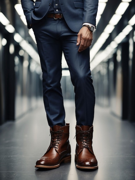 Un homme est debout dans des bottes chaussures et costume
