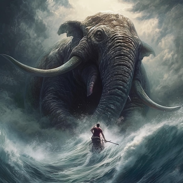 un homme est debout dans l'eau avec un éléphant en arrière-plan.