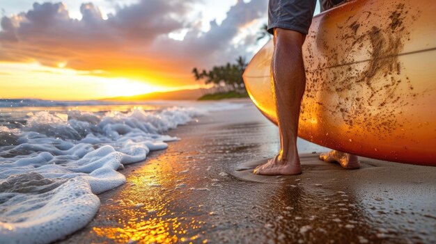 Photo un homme est debout sur la plage tenant une planche de surf