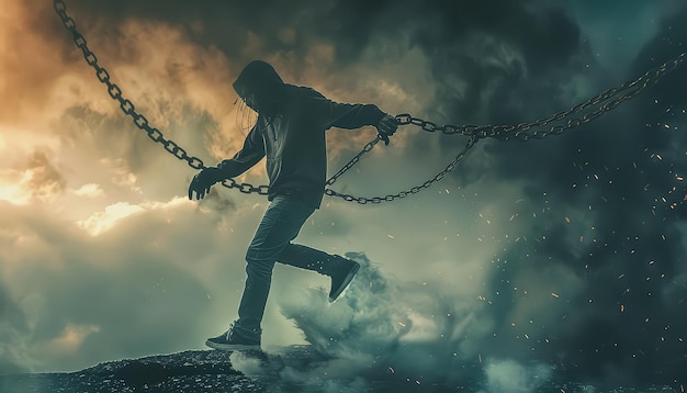 Photo un homme est enchaîné à une chaîne et essaie de se libérer.