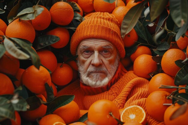 Photo un homme est entouré d'oranges et porte un pull orange.