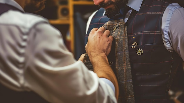 Photo un homme est équipé pour un costume personnalisé par un tailleur le tailleur attache la veste au corps de l'homme pour assurer un ajustement parfait