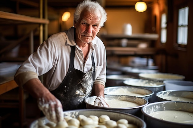 Un homme est un fromager dans le processus de production de différentes variétés de fromage dans l'industrie Concept de fabrication de fromage au lait naturel en tant qu'entreprise