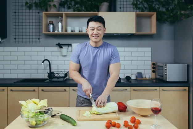 L'homme est seul à la maison en train de préparer une salade en train de trancher des légumes dans la cuisine l'Asiatique regarde la caméra et sourit