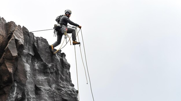 Photo un homme est en train d'escalader un rocher avec un sac à dos sur son dos