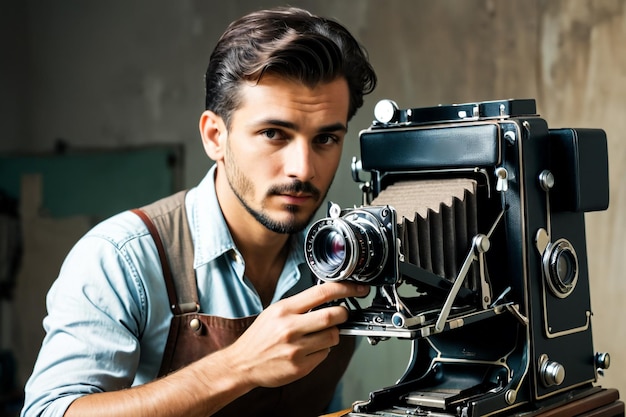 un homme est en train de réparer une caméra vintage rétro esthétique