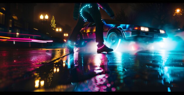 Photo un homme est sur une voiture avec une lumière au néon sur elle des faisceaux lumineux de lumière brumeuse des phares de voiture de delorean