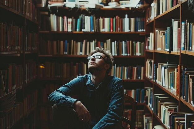 Un homme est vu assis devant une étagère remplie d'une grande variété de livres un écrivain profondément absorbé dans ses pensées dans une bibliothèque générée par l'IA