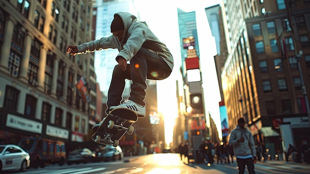 Photo un homme est vu s'élevant dans les airs tout en faisant un tour en plein air sur un skateboard.