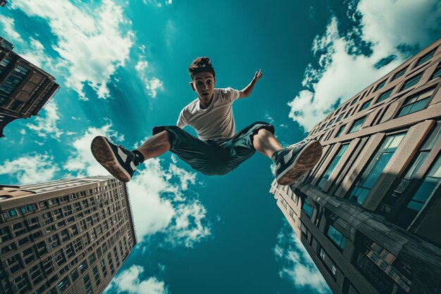 Un homme est vu volant dans les airs tout en roulant sans effort sur une planche à roulettes une image surréaliste d'un coureur de parkour défiant la gravité générée par l'IA