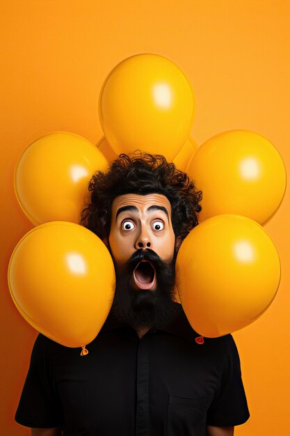 Photo un homme étonné avec un groupe de ballons d'air noirs isolés sur un fond jaune