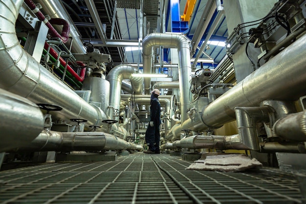 Homme d'être un travailleur inspection visuelle à l'intérieur de la vanne de la salle de commande et des centrales électriques de pipeline