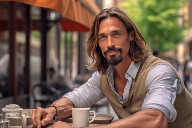 Un homme européen d'âge moyen heureux, souriant et confiant, assis devant un café, détournant son regard et rêvant.