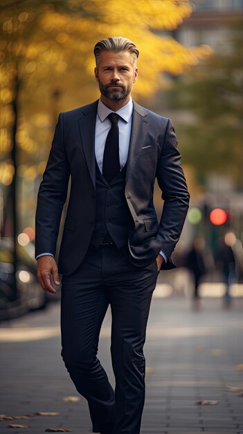 Homme européen d'âge moyen musclé en costume noir dans la rue dans une ville moderne