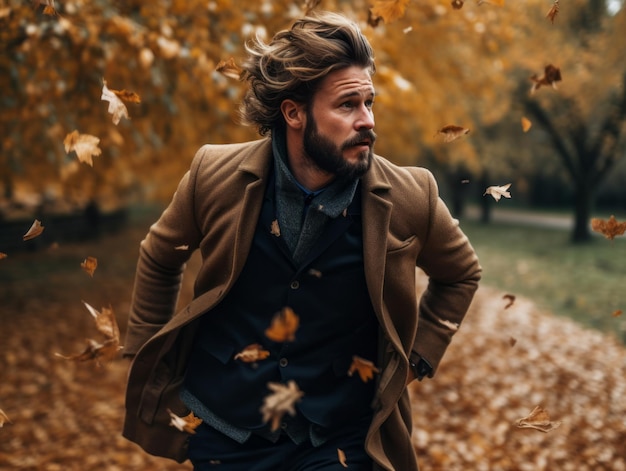 Un homme européen dans une pose dynamique émotionnelle sur un fond d'automne