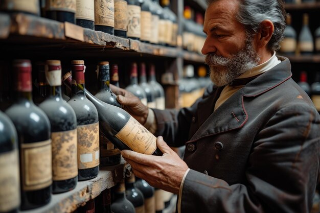 Un homme examine des bouteilles de vin sur une étagère.