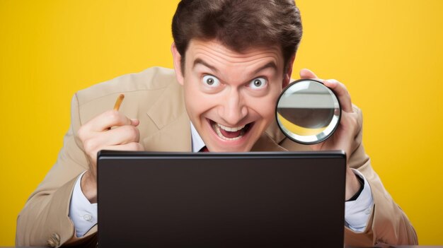 Photo un homme examine l'écran d'un ordinateur portable avec une loupe