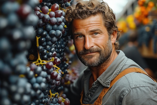 Un homme examine des raisins.