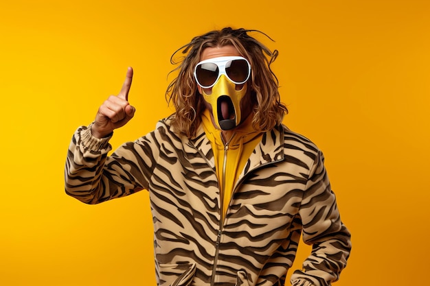 Un homme excentrique portant un masque à l'impression de zèbre pose avec le pouce en l'air